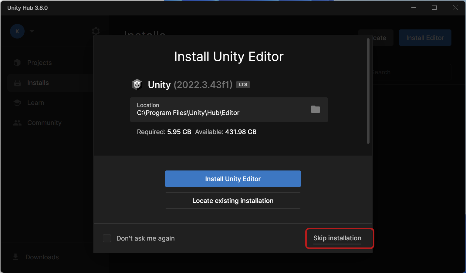 Unityのインストールをスキップする